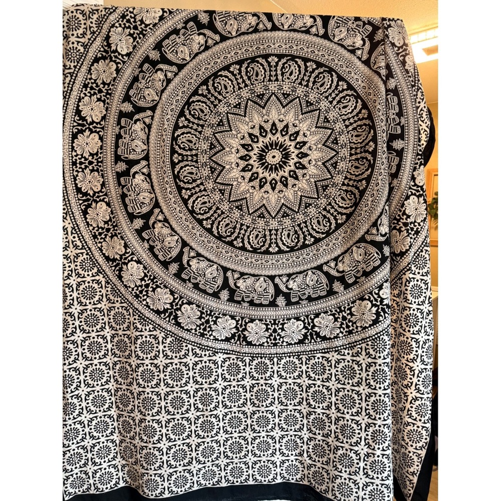 Vintage Black White Elephant Mandala Cotton Tapestry Wall Hanging Made in India